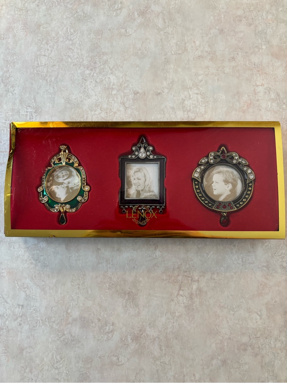 Lenox Jeweled Mini Picture Frames ornaments in Gold, Green, Black.